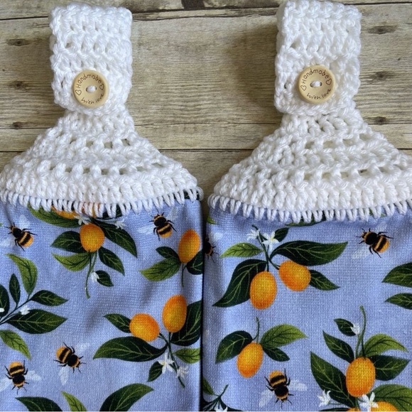 Handmade Other - Crochet Top Hanging Towels Set of 2 Single Thickness Bees & Lemons/Fruit on Blue